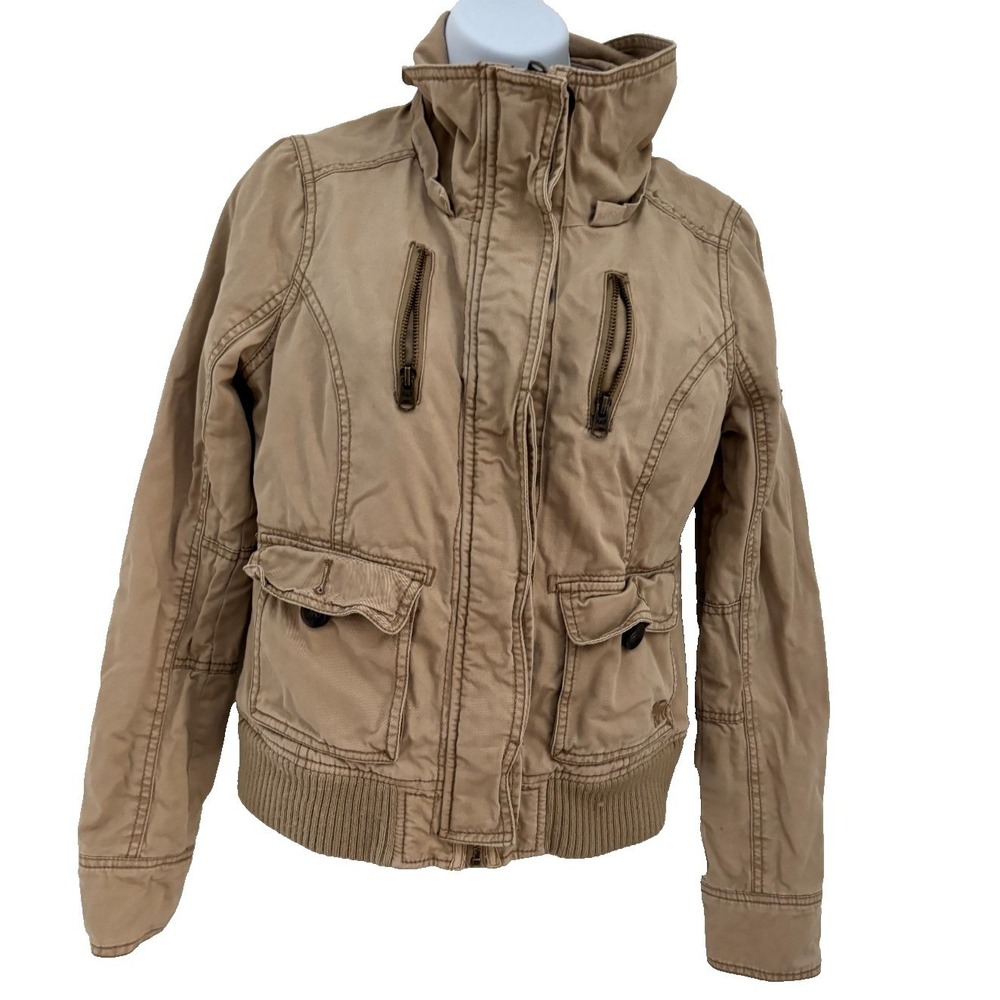 VTG Abercrombie Fitch Cargo Jacket Flannel Lined Womens Medium Khaki Y2K **READ